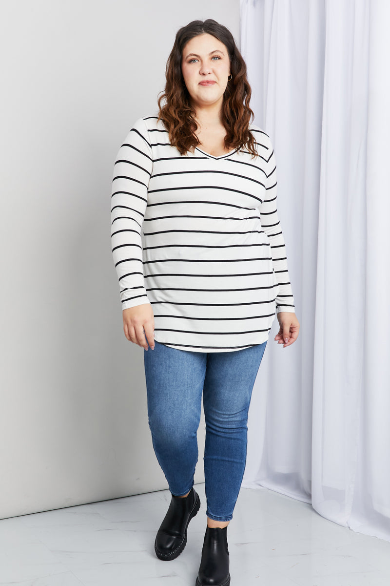 Plus Striped V-Neck Long Sleeve Top