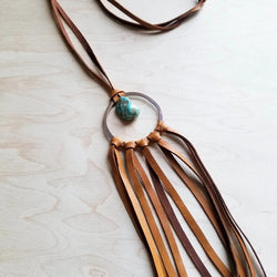 Tan Leather Dream Catcher with Turquoise Chunk Necklace