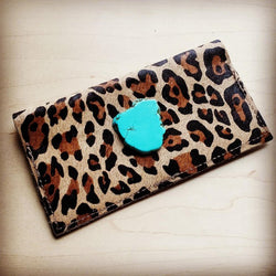 Hair hide Leather Wallet Leopard w/ Turquoise Slab