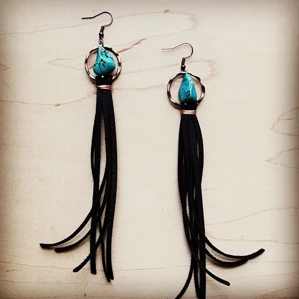 Turquoise Drop Earring with Leather Tassel Black