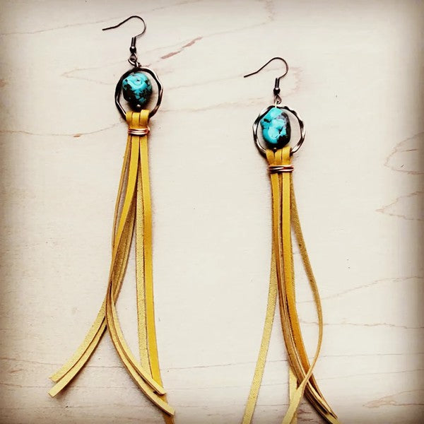 Turquoise Drop Earring with Leather Tassel Mustard