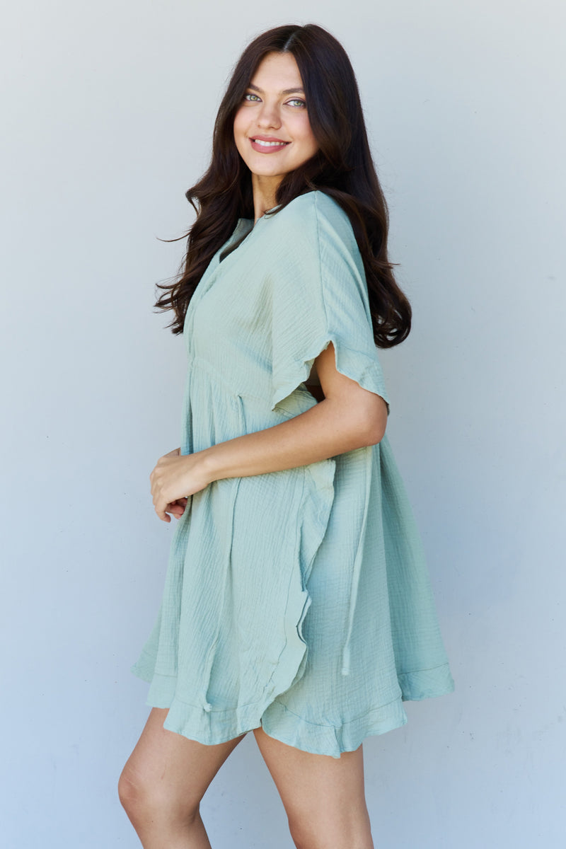 Out Of Time  Ruffle Hem Dress with Drawstring Waistband in Light Sage