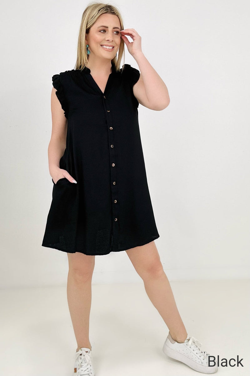 Refreshing V-Neck Button Down Dress with Ruffle Sleeves