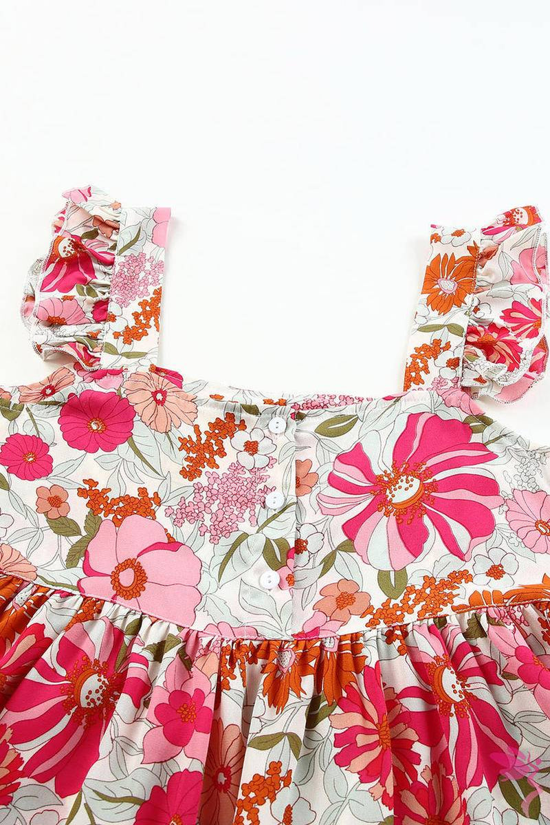 Square Neck Floral Print Ruffle Tank Top