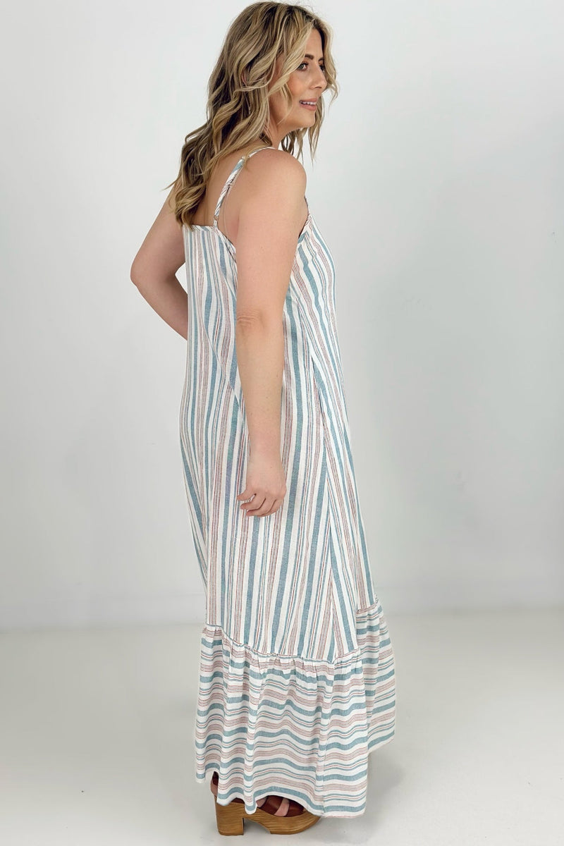 Springtime Striped Maxi Dress with Side Seam Pockets