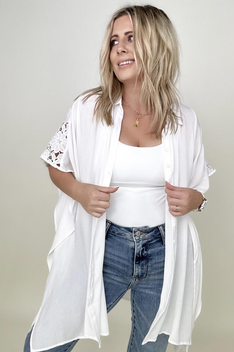 Solid Button Down Short Sleeve Hi-Low Lace Loose Top
