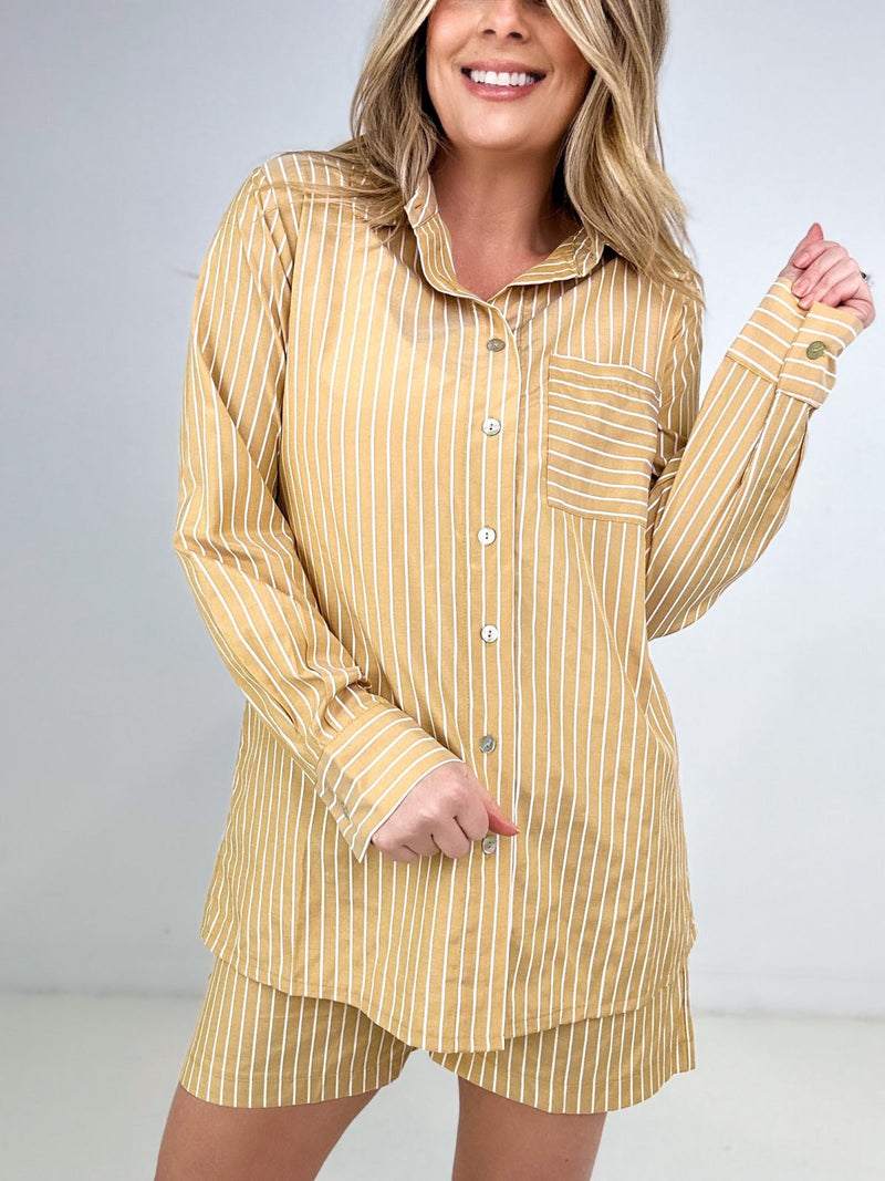 Striped Button Down Long Sleeve Shirt and Shorts Set