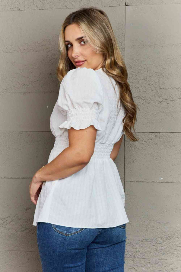 Sweet Serenity  Full Size V-Neck Puff Sleeve Button Down Top