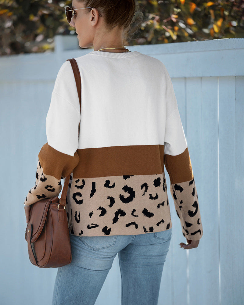 Round Neck Long Sleeve Contrasting Leopard Sweater