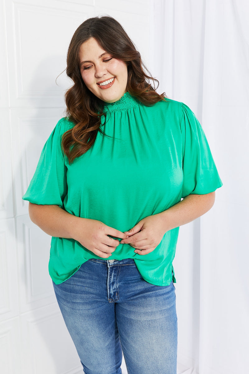 Kelly Green Smocked Puff Sleeve Blouse