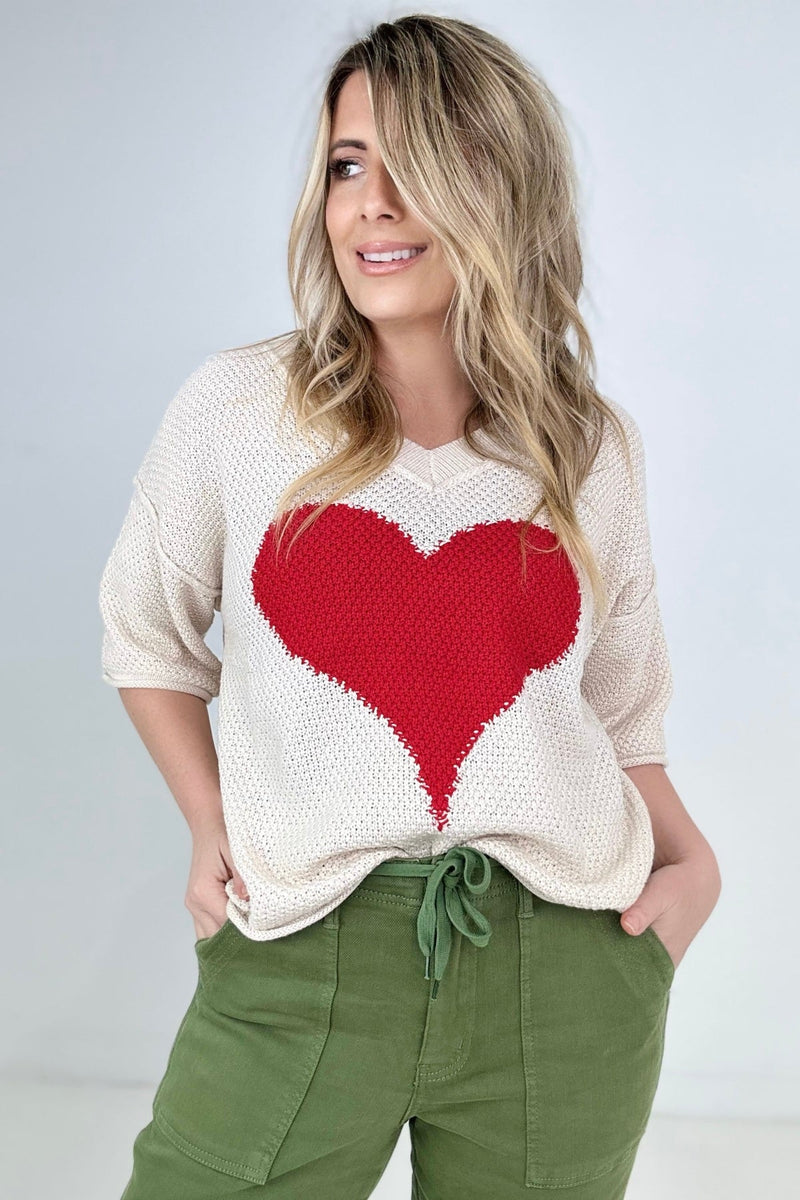 Hello Sweetheart V-Neck Dropped Sleeve Heart Print Knit Top