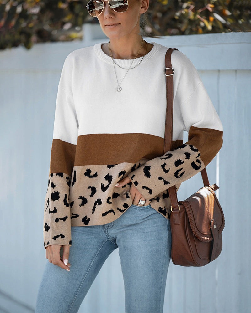 Round Neck Long Sleeve Contrasting Leopard Sweater