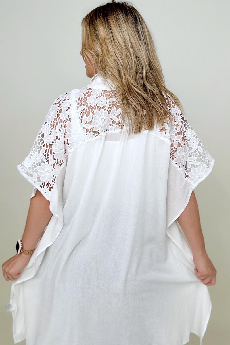Solid Button Down Short Sleeve Hi-Low Lace Loose Top