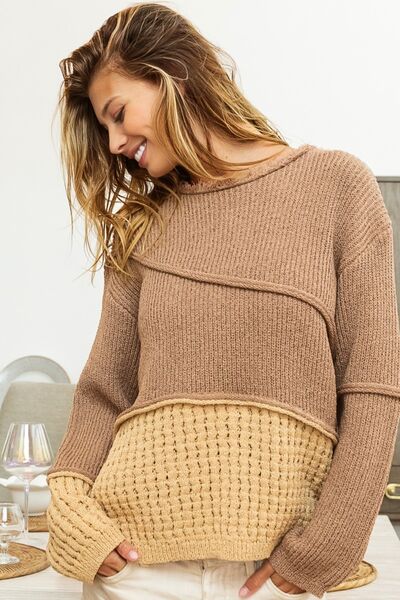 Neutral Textured Detail Contrast Drop Shoulder Sweater