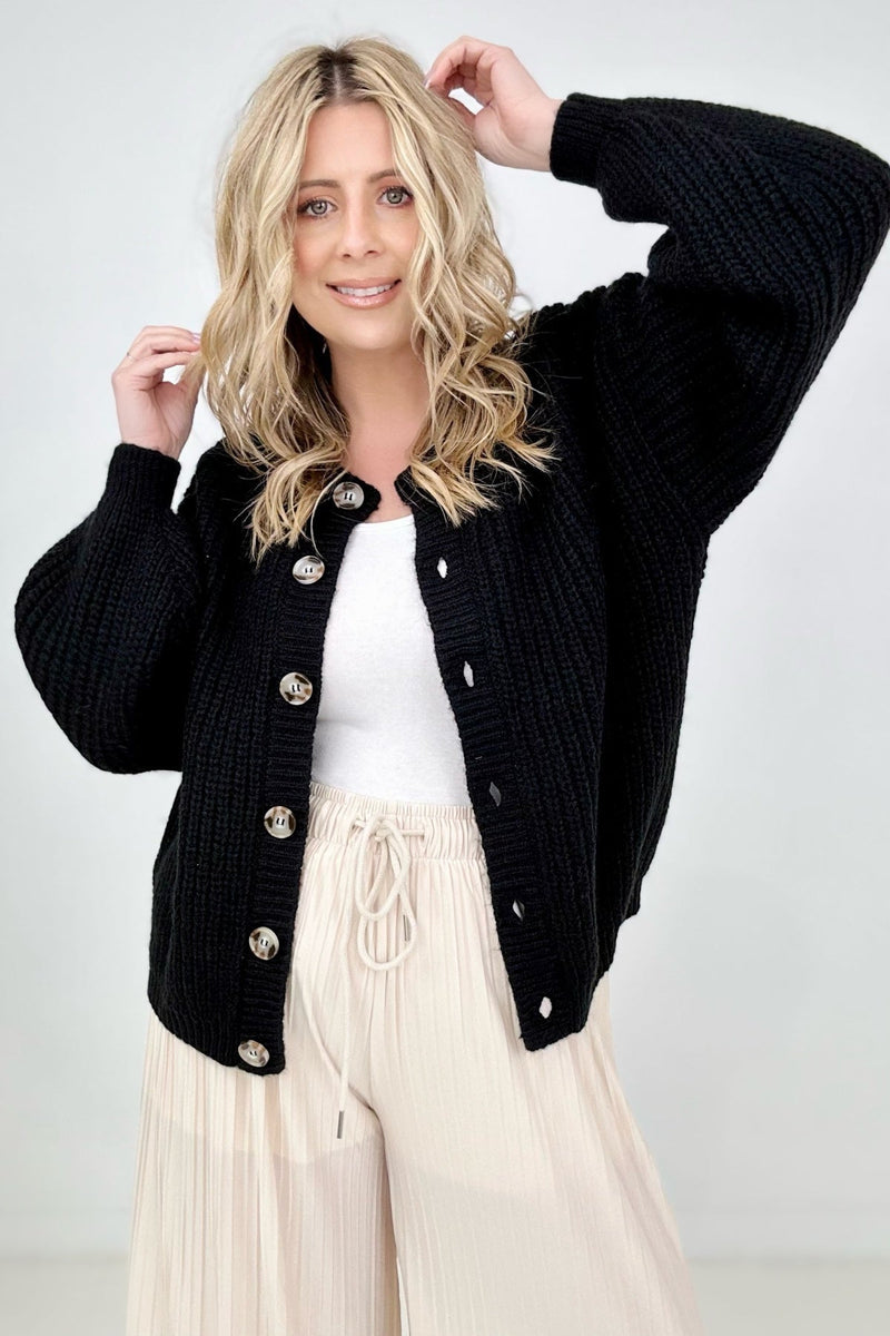 Perfectly Poised Solid Balloon Sleeve Button Front Cardigan
