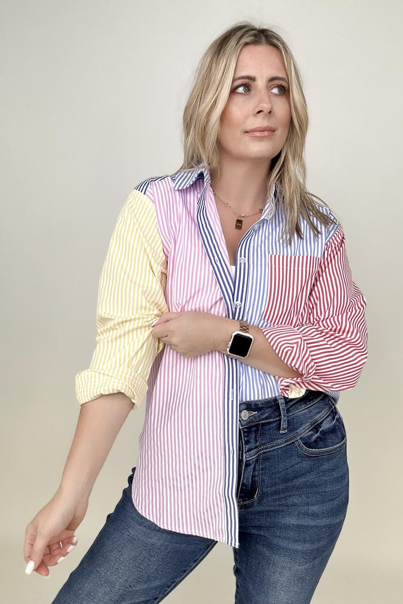 Multicolor Mixed Stripe Button Front Top