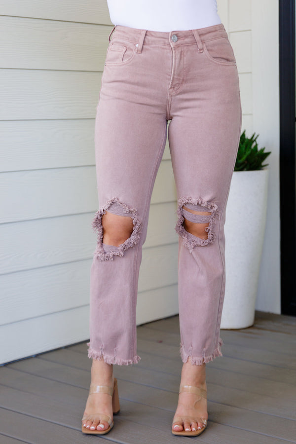 Babs Risen High Rise Distressed Straight Jeans in Mauve