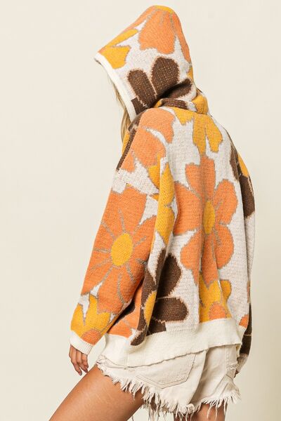 Vintage  Flower Pattern Drawstring Hooded Sweater