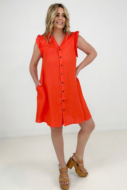 Refreshing V-Neck Button Down Dress with Ruffle Sleeves