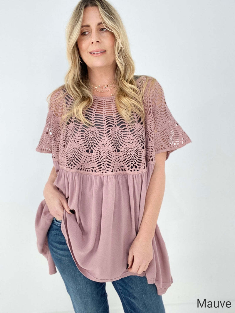 Hippie  Mineral Washed Crochet Detail Lace Top