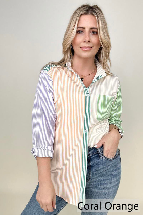 Multicolor Mixed Stripe Button Front Top