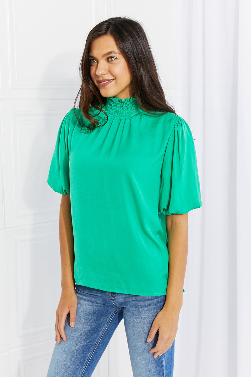 Kelly Green Smocked Puff Sleeve Blouse