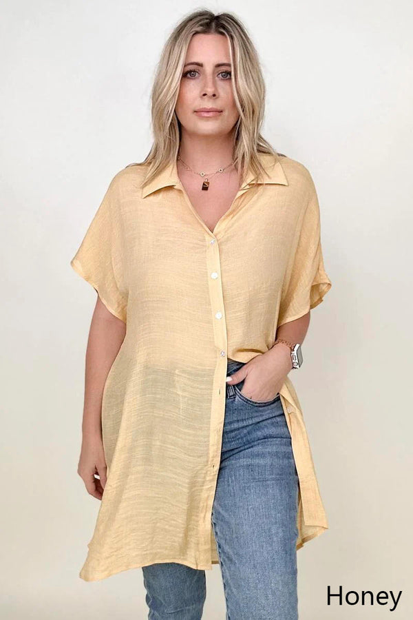 Solid Button Down Loose Fit Gauzy Tunic